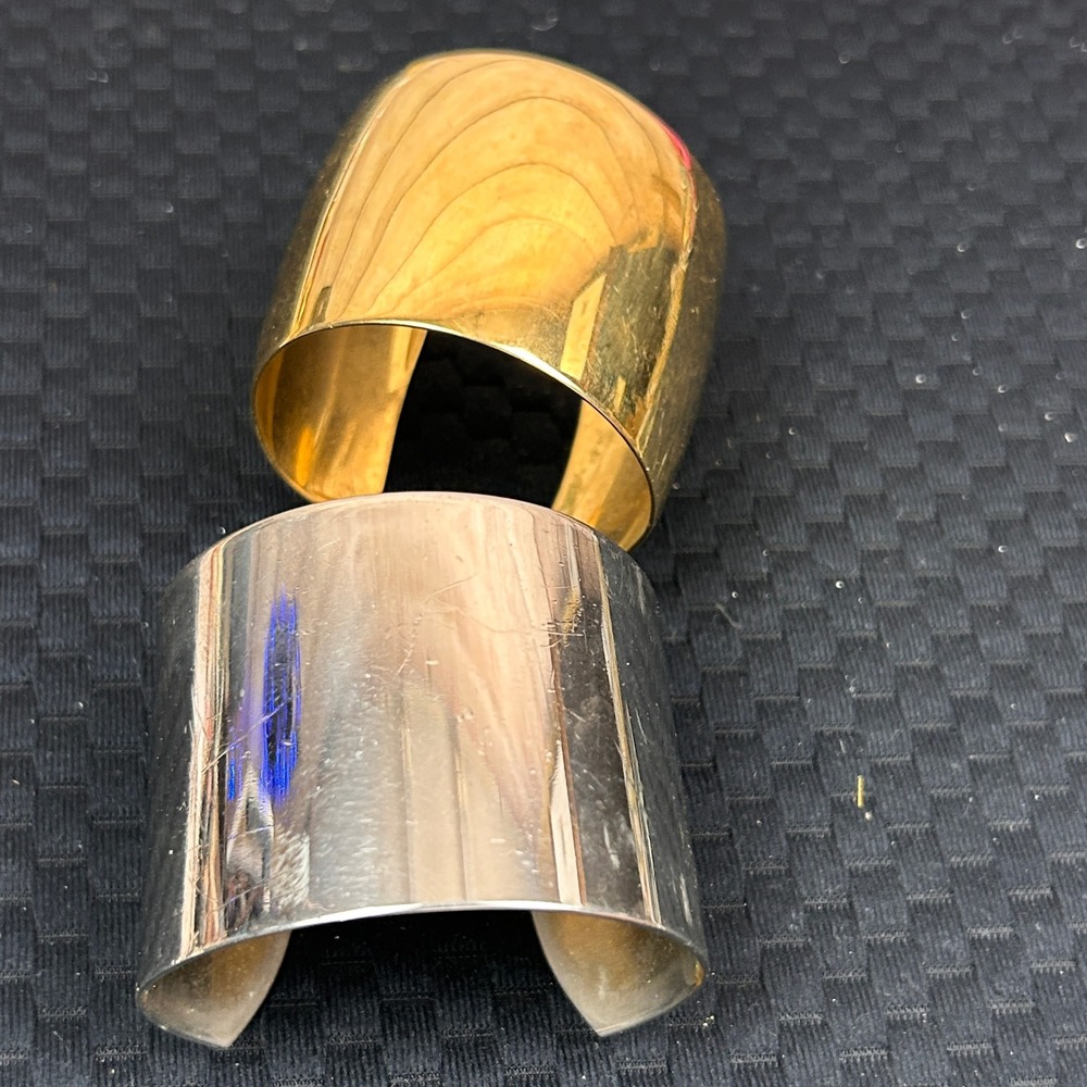 Vintage Style Wide Metallic Cuff Bracelet Set Gold and Silver Tone Minimalist - Picture 1 of 6
